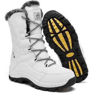 Women’s White Wheat Strip Waterproof Snow Boots Mid-Calf Faux Fur Lined Non-Slip